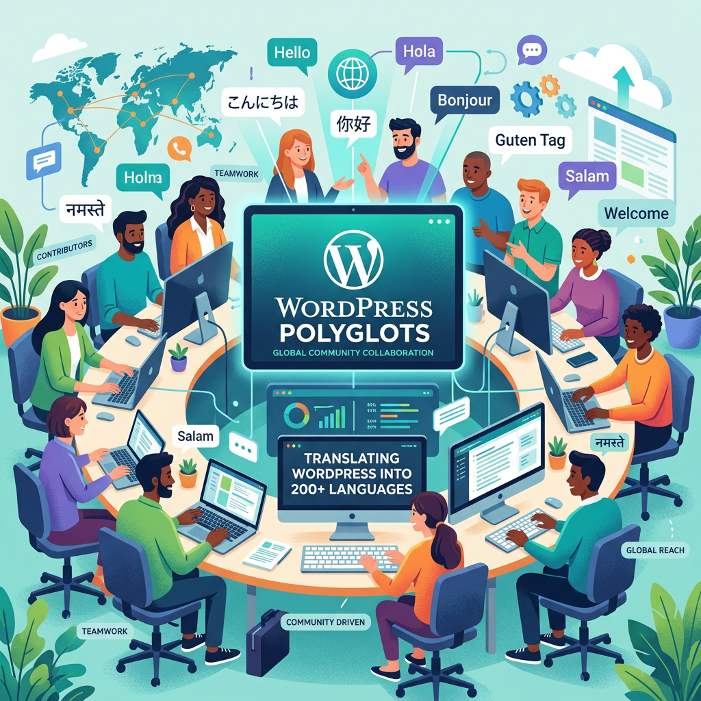 Diverse group working together on WordPress Polyglots translation project with global map and multilingual greetings